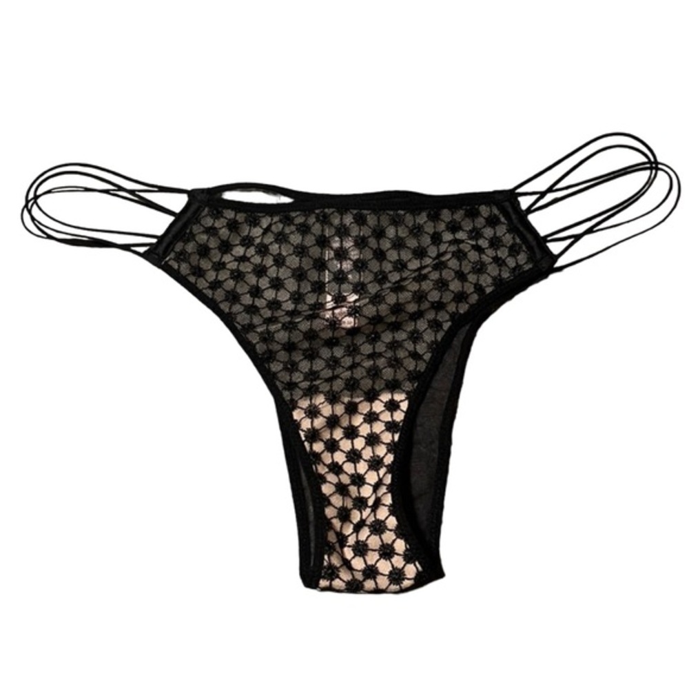 New Victorias Secret Black Nude Mesh Lace String Tanga Panties Starburst Medium